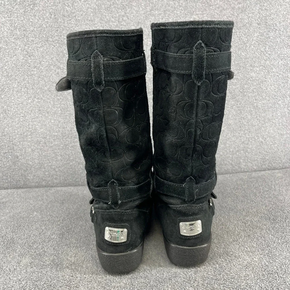 Coach Black Suede Monogram Tall‎ Boots Buckle Detail Women's US 8 B EU 38.5